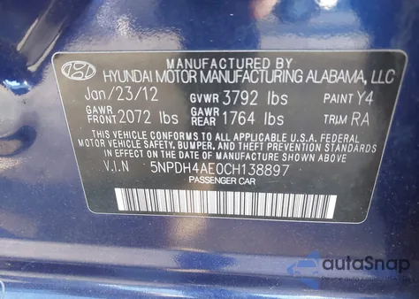 2012 Hyundai Elantra Gls from USA, damaged, VIN 5NPDH4AE0CH138897